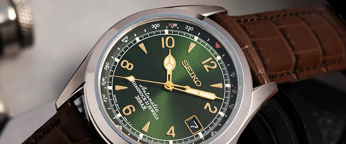 SEIKO Alpinist brown leather strap with green dial