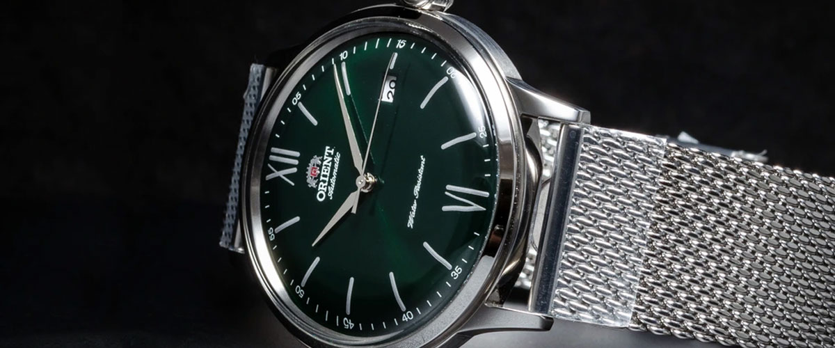 orient bambino maestro green dial mesh strap